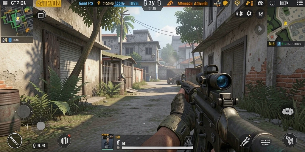 Tampilan gameplay menegangkan dalam GTPIDN saat aksi FPS berlangsung.