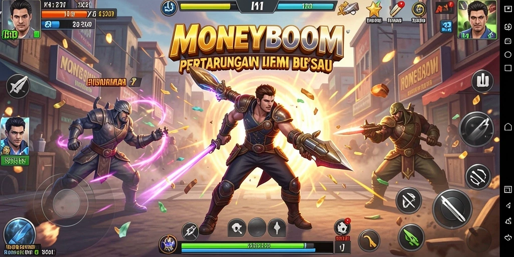 Screenshot gameplay MONEYBOOM yang menampilkan pertarungan epik.